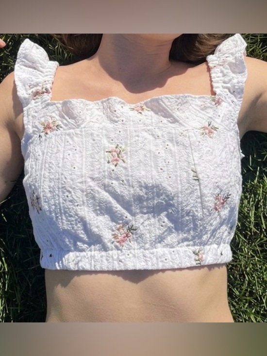 KIRIOUS LOS ANGELES Tops - Kirious Los Angeles White Lace Crop Top with Pink Floral Embroidery